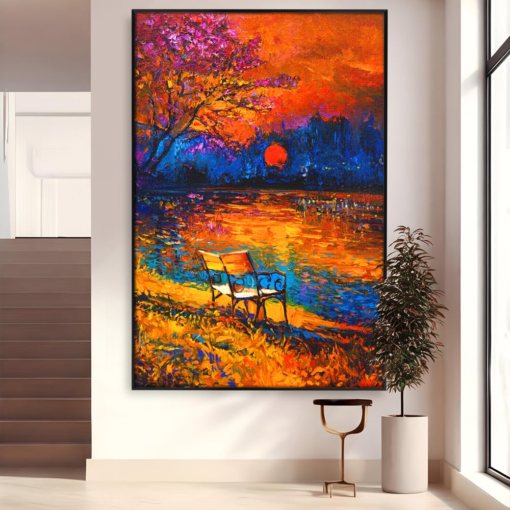 Tablou canvas cu tablou canvas cu banca pe malul lacului la apus, in rama de aluminiu negru